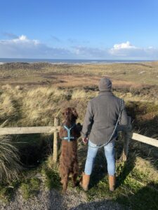 Mann und Deutsch Langhaar schauen über die Dünen in Petten